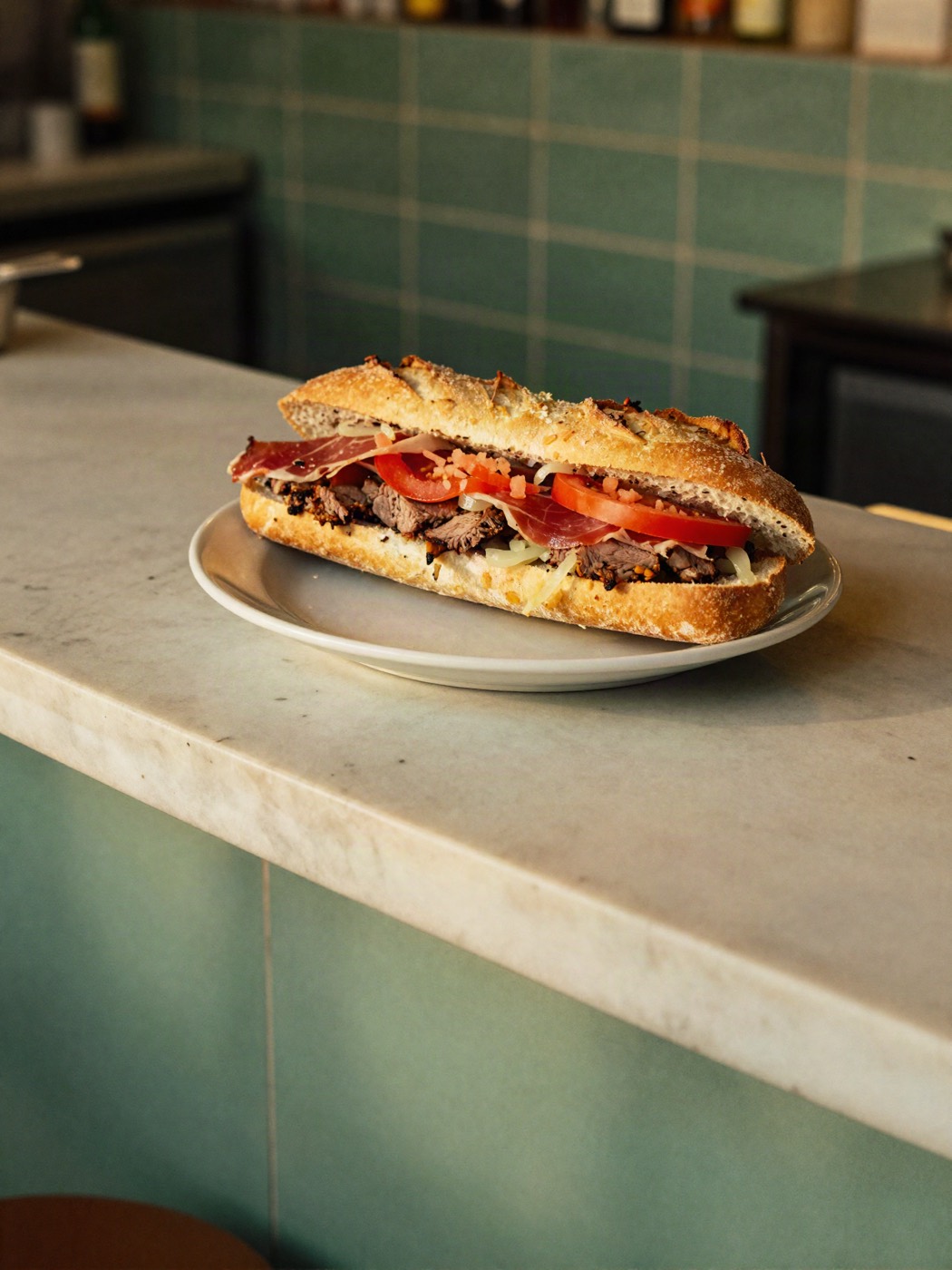 Bocadillo con carne, tomate, jamón y cebolla sobre una barra de mármol