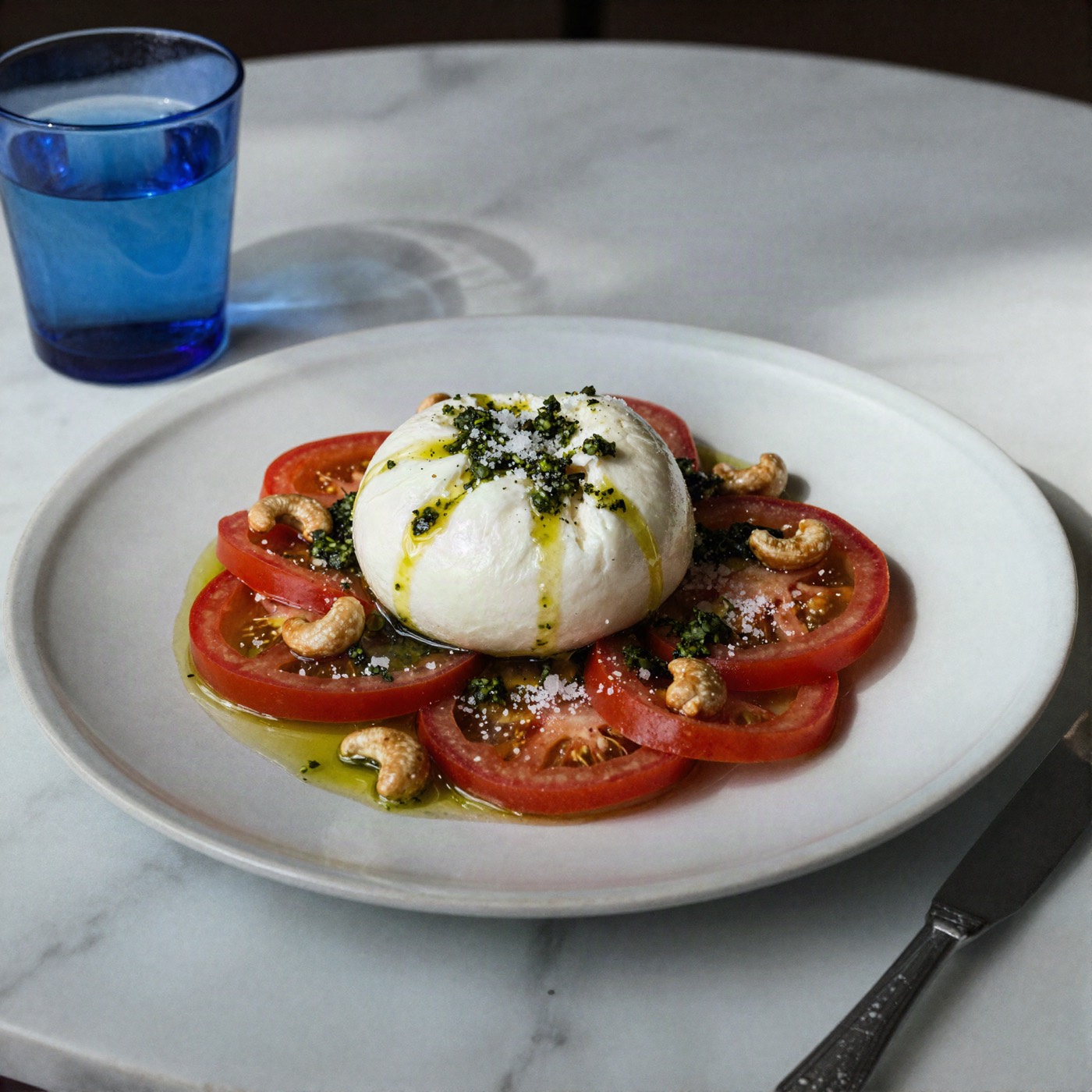 Burrata con tomate, pesto y anacardos