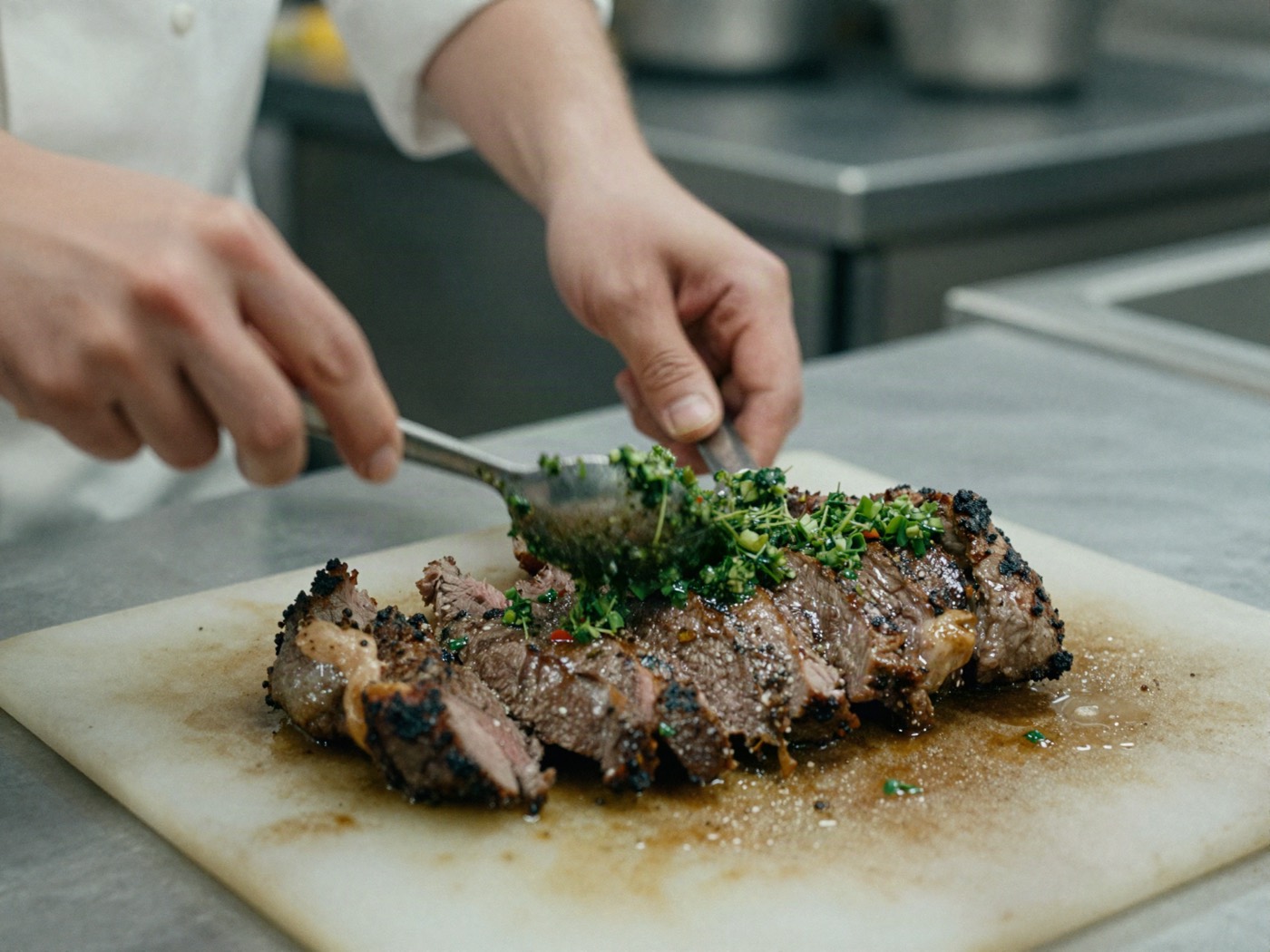 Manos de cocinero echando chimichurri sobre carne a la brasa cortada